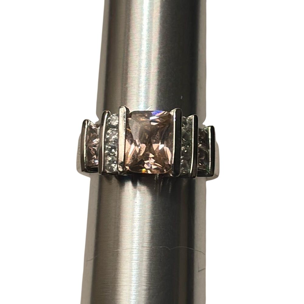 Silver Tone Champagne Crystal Cocktail Ring Size 7 Statement Ring